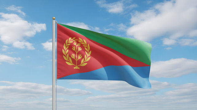 Majestic Eritrean flag waves proudly against a vibrant blue sky with fluffy clouds, symbolizing national pride and freedom.