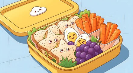 A charming kawaii bento lunch box illustration with cute star sandwiches, smiling eggs, and healthy vegetables for a fun kid's meal.