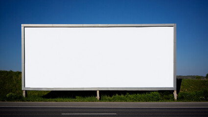 A large, blank advertising billboard against a clear blue sky beside a road