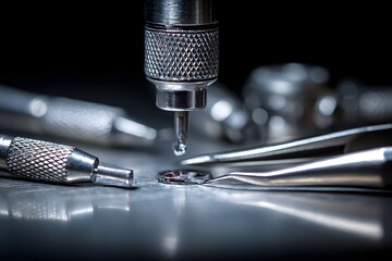 Precision watch repair, oiling, dark background, workshop