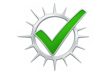 Metallic crown with pointed spikes encircling green checkmark, representing premium quality guarantee against transparent backdrop
