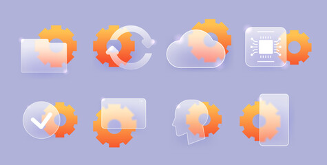 System setting icon set. Glass morphism vector symbol collection with gear