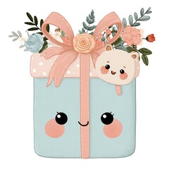 Smiling Cartoon Gift Box with Flowers and a Cute Bear