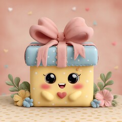 Smiling Cartoon Gift Box with Pastel Bow and Flowers