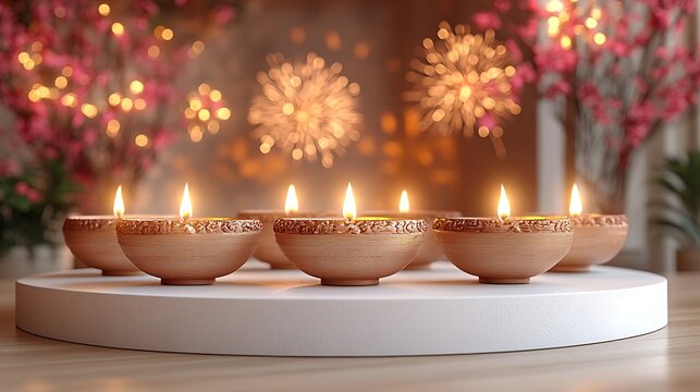 Row of lit diyas with blurred festive lights and pink flowers background oil lamp candle