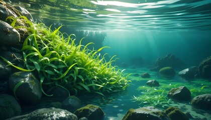 Vibrant Green Algae in Coastal Rock Pool on White Background