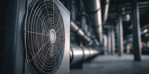 Close-up of a large industrial air conditioning unit, with blurred industrial pipes and support structures in the background