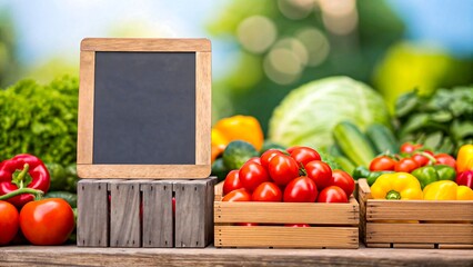 Fresh vegetables with blank blackboard sign at outdoor market