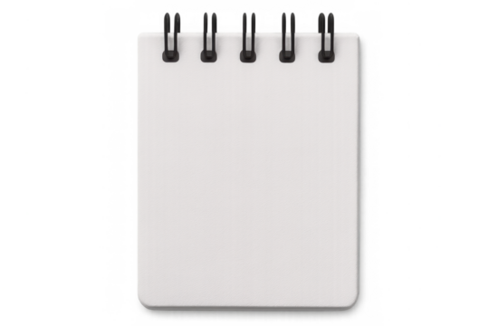 Close-up of a blank white spiral notepad with a transparent background, offering ample space for customization and design