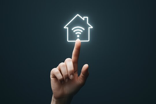 Finger touches glowing smart home icon with wi fi symbol