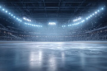 A vast ice hockey arena packed with spectators under bright stadium lights