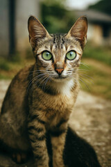 Obraz premium Portrait of an adorable domestic tabby kitten with mesmerizing bright green eyes looking at the camera