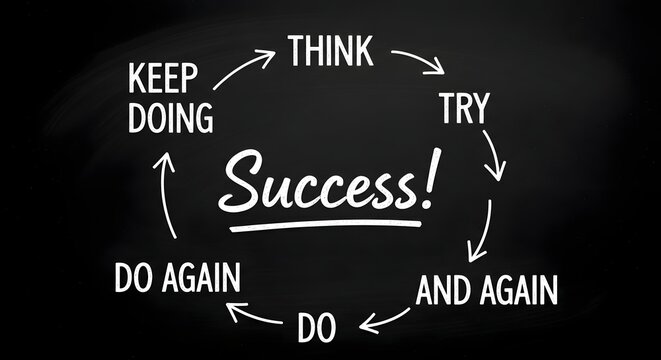 Success cycle diagram with think try and again do again keep doing written in white on black background