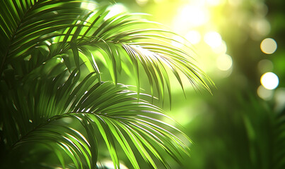Lush Palm Fronds Bathed in Sunlight, Creating a Serene, Green Ba