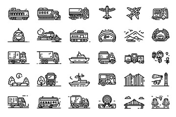 Transportation icons land, sea, air vehicles & infrastructure