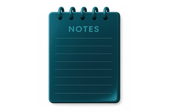 Spiral-bound teal notepad with empty lines, positioned against transparent backdrop, waiting for personal notes and lists