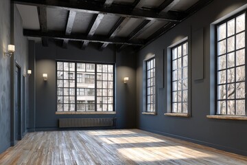 Obraz premium Empty loft space, dark gray walls, large windows