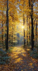 Fototapeta premium Autumn forest path bathed in golden sunlight