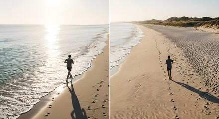 Man jogging on a sandy beach during sunset, ocean waves gently lapping the shore. Warm sunlight casts long shadows.
