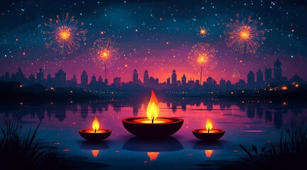 Three lit diyas float on water with city skyline and fireworks at night oil lamp floating