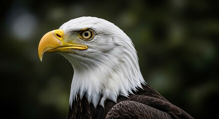 Close up portrait of a majestic bald eagle with piercing yellow eyes