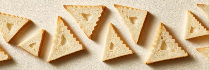Triangle bread slices with triangle cutouts on a textured surface, food pattern