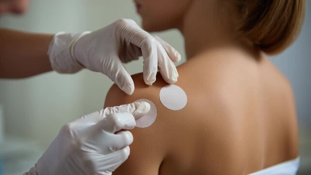 Test for Atopic dermatitis. A healthcare professional conducts a skin test on a patient's shoulder.