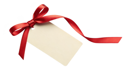 Blank gift tag tied with a red ribbon isolated on transparent background