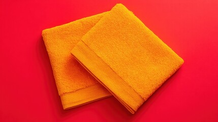Two orange towels on a red surface, folded and stacked for bathroom use