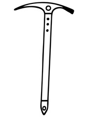 A minimalist black and white vector illustration of an ice axe, a mountaineering tool. It’s ideal for outdoor adventure branding, climbing gear icons, or alpine-themed graphics.