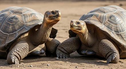 Fototapeta premium Two galapagos tortoises facing each other in a close up portrait