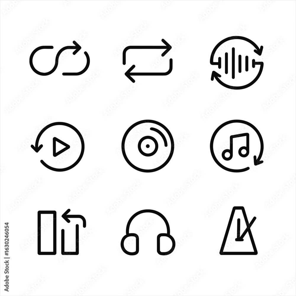 Aufkleber music loop icons. outline icon set of music loops: loop button, repeat track, waveform loop, play ag