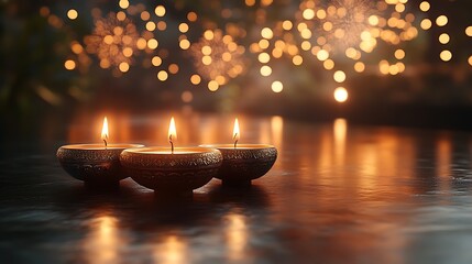Three lit diyas with ornate patterns on a reflective surface with bokeh lights oil lamp