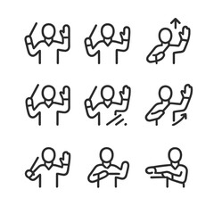 Musical Conducting Icons. Outline icon set of musical conducting gestures: start gesture, stop gesture, tempo increase gesture,