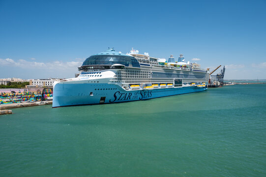 Cadiz, Spain - July 25, 2025: Star of the Seas, Royal Caribbean Newest Icon-Class Cruise Ship in Port of Cadiz. Ready to Sail the Maiden Voyage to the Bahamas.