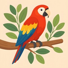 Colorful Cartoon Parrot Sitting on a Tree Branch