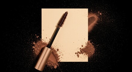 Makeup mascara on beige background with brown powder
