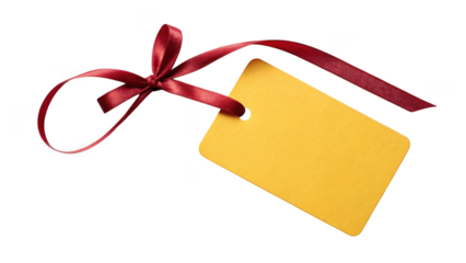Blank yellow gift tag tied with a red ribbon isolated on transparent background