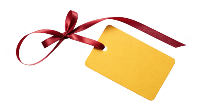 Blank yellow gift tag tied with a red ribbon isolated on transparent background