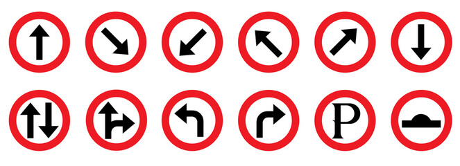 A series of road signs are displayed, each within a red circle, featuring black symbols