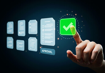 The Future of Business Automation and Digital Workflow, with a Person's Hand Interacting with a Network of Floating Document Icons to Make a Final Decision.