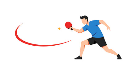 A male table tennis player in a blue shirt hits the ball with a red paddle, showing a dynamic forehand stroke.