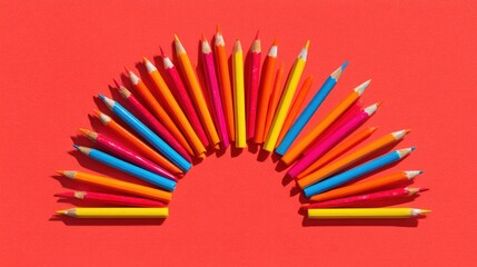 Colorful pencils arranged in semicircle on red background, creative art supplies