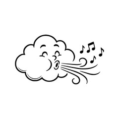 Happy cloud character blowing wind and tiny musical notes