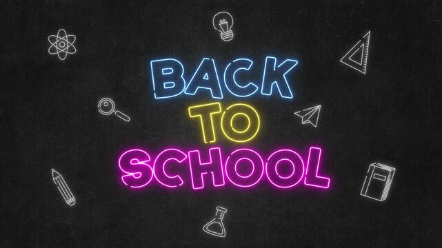 back to school neon lights text on blackboard animation, education and stationary elements social media motion background