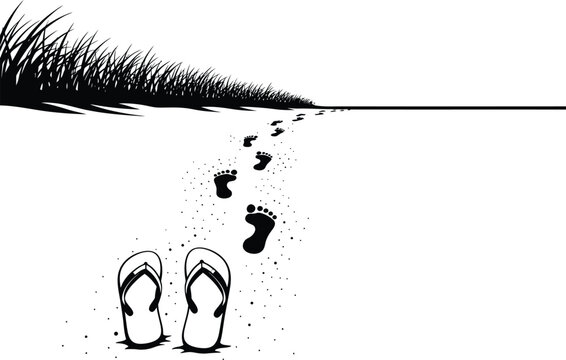 Minimalist Beach Scene with Flip Flops and Footprints in the Sand Leading to the Horizon Line