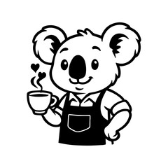 Koala barista serving coffee with steam in the shape of hearts