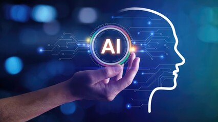 Human hand presenting AI concept with glowing circuits and digital brain silhouette