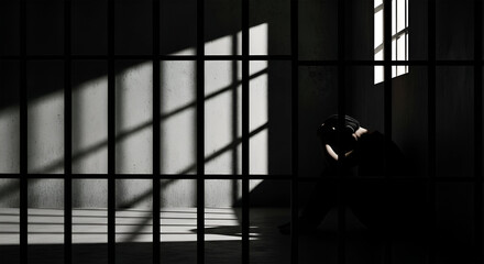 A solitary figure sits slumped within the confines of a prison cell, sunlight casting shadows through the bars.