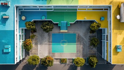 Colorful school courtyard seen from above